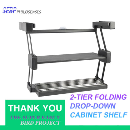 2-Tier Folding Drop-Down Cabinet Shelf