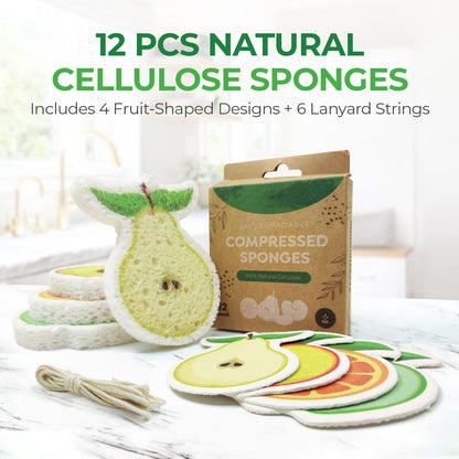 Esponjas de limpieza comprimidas de celulosa biodegradable en forma de fruta - 12 piezas