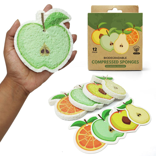 Esponjas de limpieza comprimidas de celulosa biodegradable en forma de fruta - 12 piezas