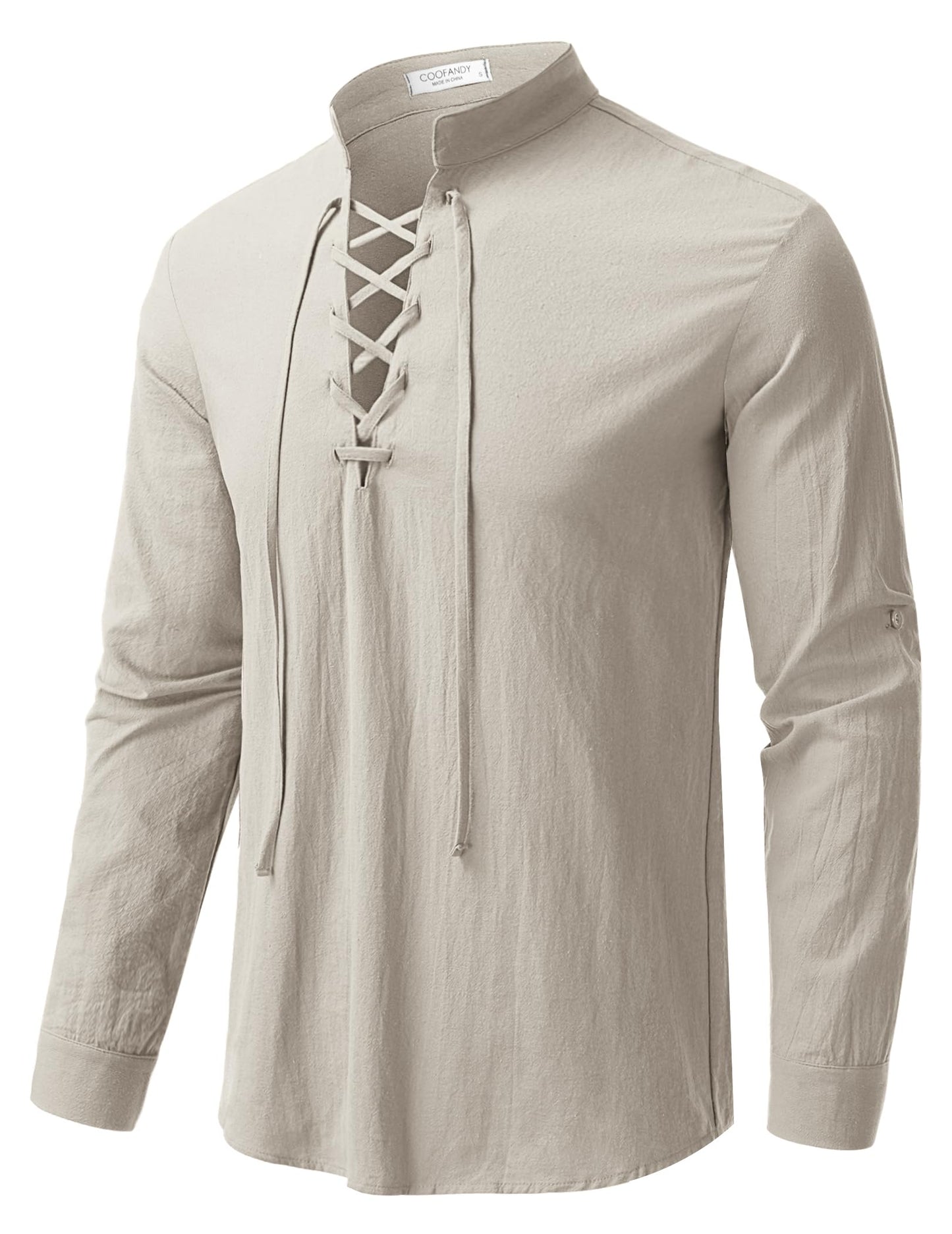 Men Linen Cotton Shirts Beach Hippie Renaissance Medieval Long Sleeve Lace Up Costume