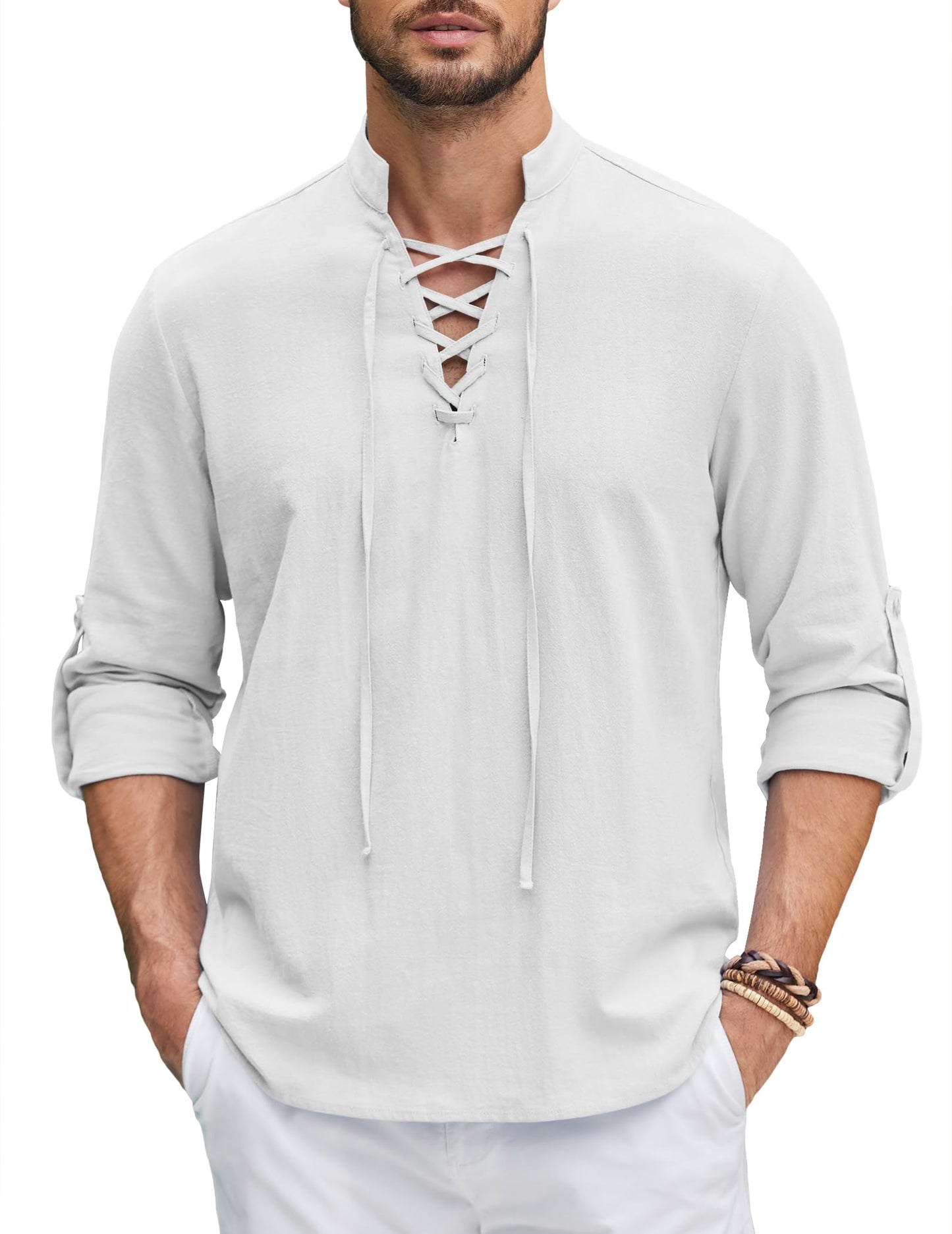 Men Linen Cotton Shirts Beach Hippie Renaissance Medieval Long Sleeve Lace Up Costume