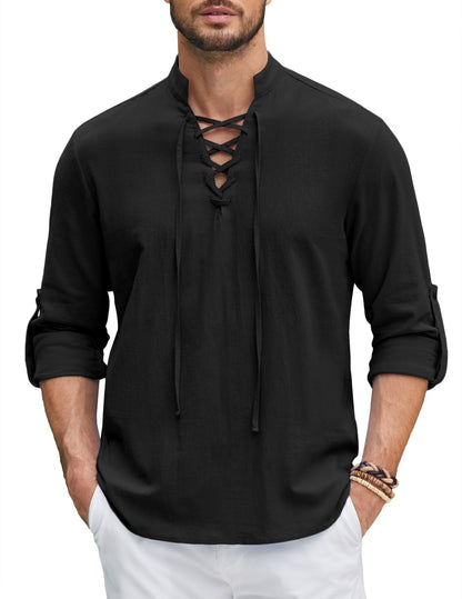 Men Linen Cotton Shirts Beach Hippie Renaissance Medieval Long Sleeve Lace Up Costume