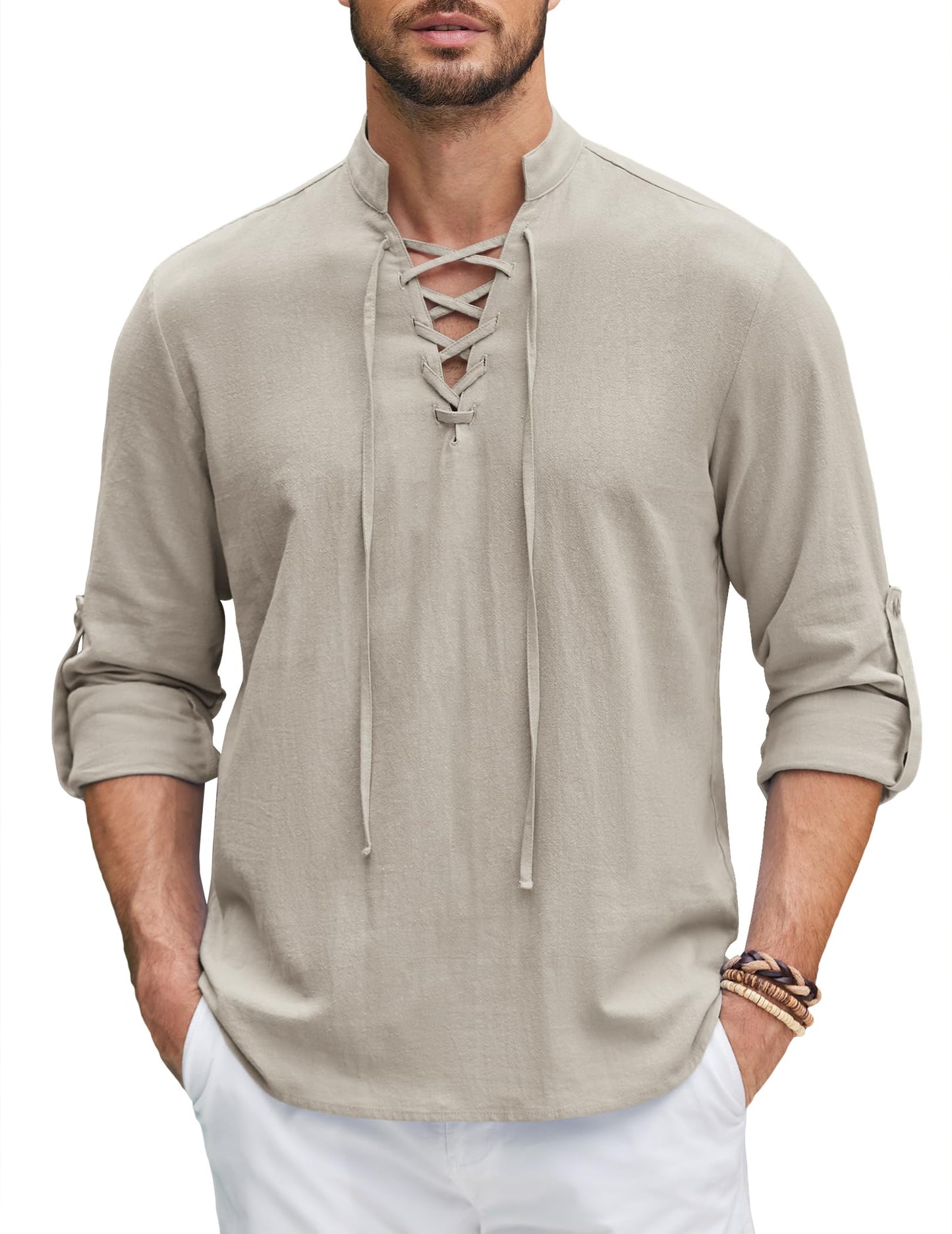 Men Linen Cotton Shirts Beach Hippie Renaissance Medieval Long Sleeve Lace Up Costume