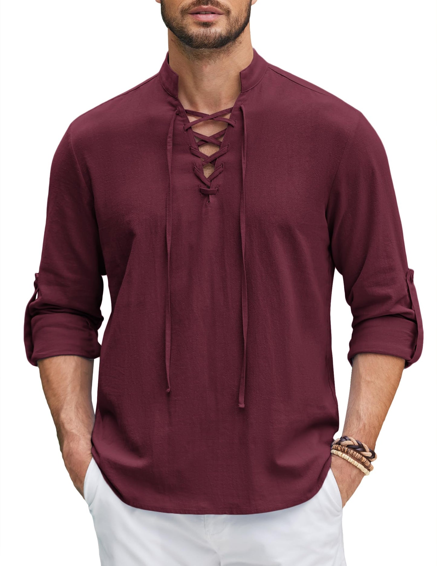 Men Linen Cotton Shirts Beach Hippie Renaissance Medieval Long Sleeve Lace Up Costume