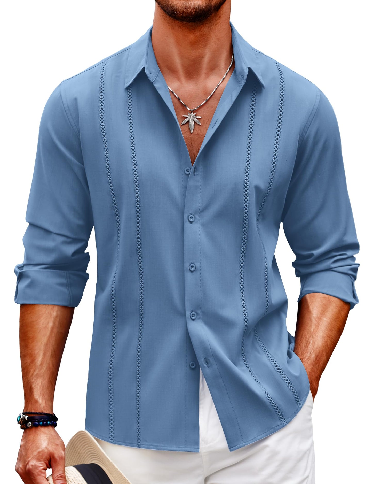 Mens Long Sleeve Cuban Guayabera Shirt Casual Summer Shirt